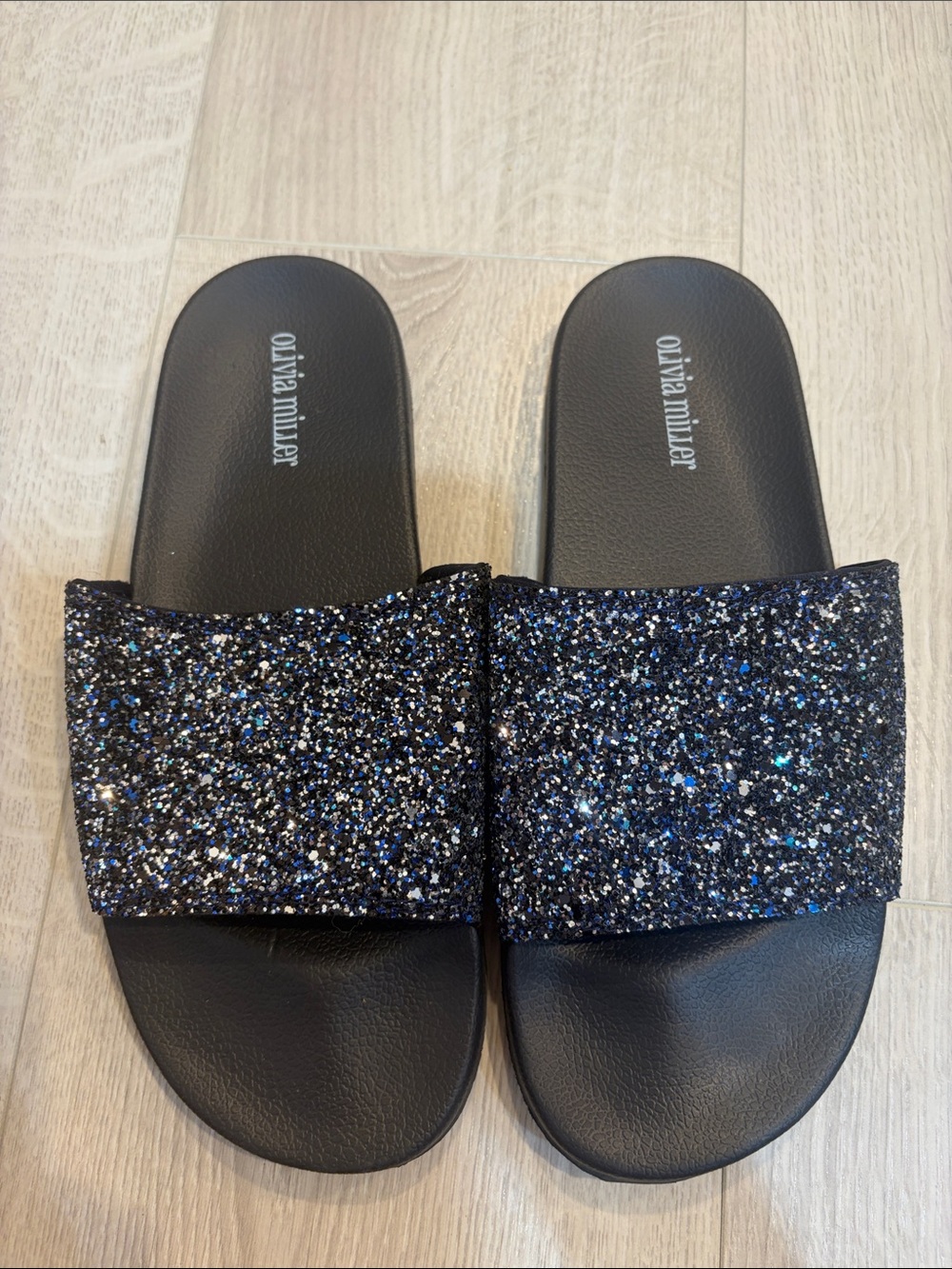 Olivia Miller Black and Blue Glitter Slide Sandals